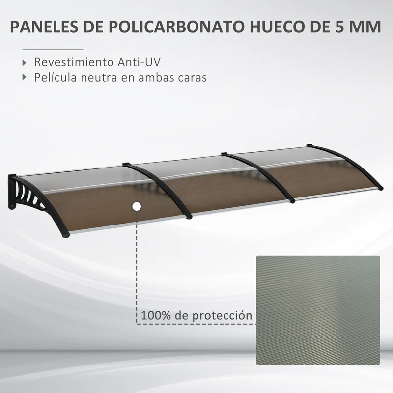 Outsunny Tejadillo de Protección 303x96x27 cm Marquesina Exterior para Puertas y Ventanas contra Sol y Lluvia con Soporte de PP Policarbonato Marrón