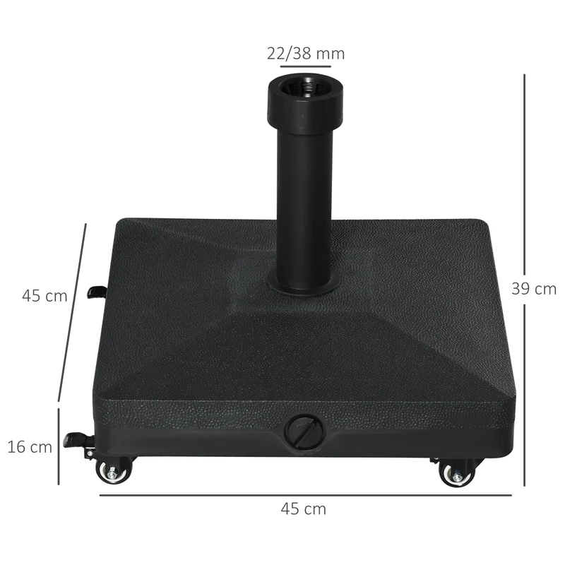 Outsunny Base de Sombrilla con 4 Ruedas Bloqueables Soporte de Parasol Rellenable de Arena 18 kg o Agua 16 kg para Jardín Patio Terraza 45x45x39 cm Negro