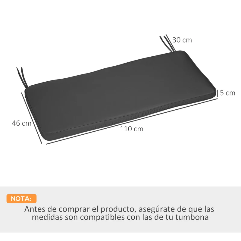 Outsunny Cojín para Banco de Exterior 110x46x5 cm Desenfundable y Lavable Almohadilla Acolchado para Banco Doble de Jardín Patio Terraza Gris