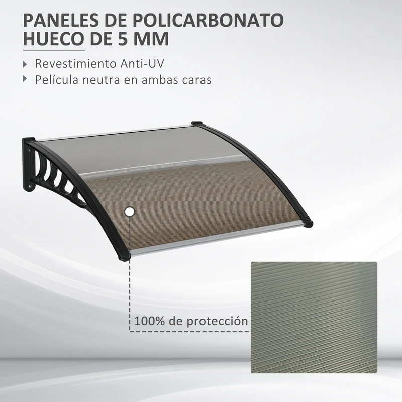 Outsunny Tejadillo de Protección 103x96,5x27 cm Marquesina Exterior para Puertas y Ventanas contra Sol y Lluvia con Soporte Aleación de Aluminio Policarbonato Marrón Translúcido
