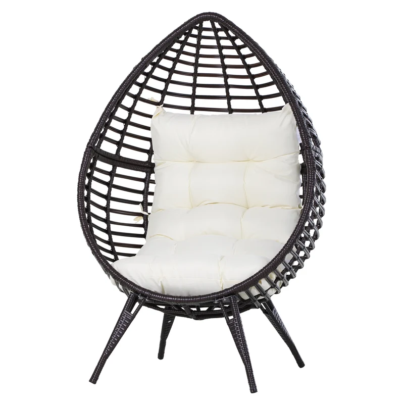 Outsunny Sillón de Ratán Balcón en Forma de Lágrima Sillón de Jardín con Cojín Acolchado de Algodón PP Estilo Moderno para Exterior e Interior Carga 160 kg 101x89x156 cm Marrón y Crema
