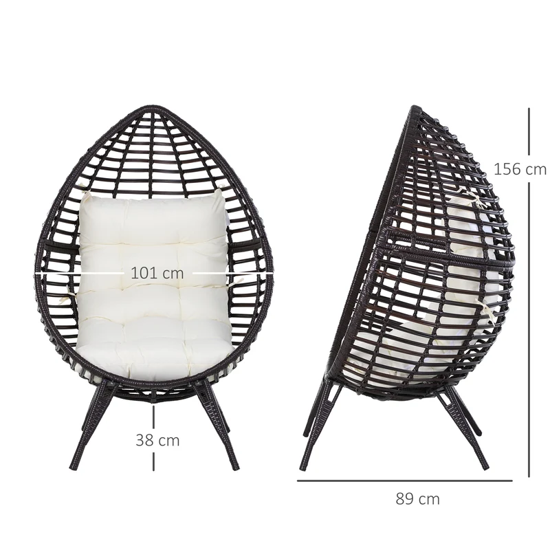 Outsunny Sillón de Ratán Balcón en Forma de Lágrima Sillón de Jardín con Cojín Acolchado de Algodón PP Estilo Moderno para Exterior e Interior Carga 160 kg 101x89x156 cm Marrón y Crema
