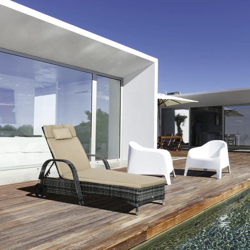 Outsunny Cojín para Tumbona de Exterior 198x53x5 cm Desenfundable y Lavable con Reposacabezas Extraíble Colchoneta Plegable de Algodón para Silla Reclinable de Jardín Beige