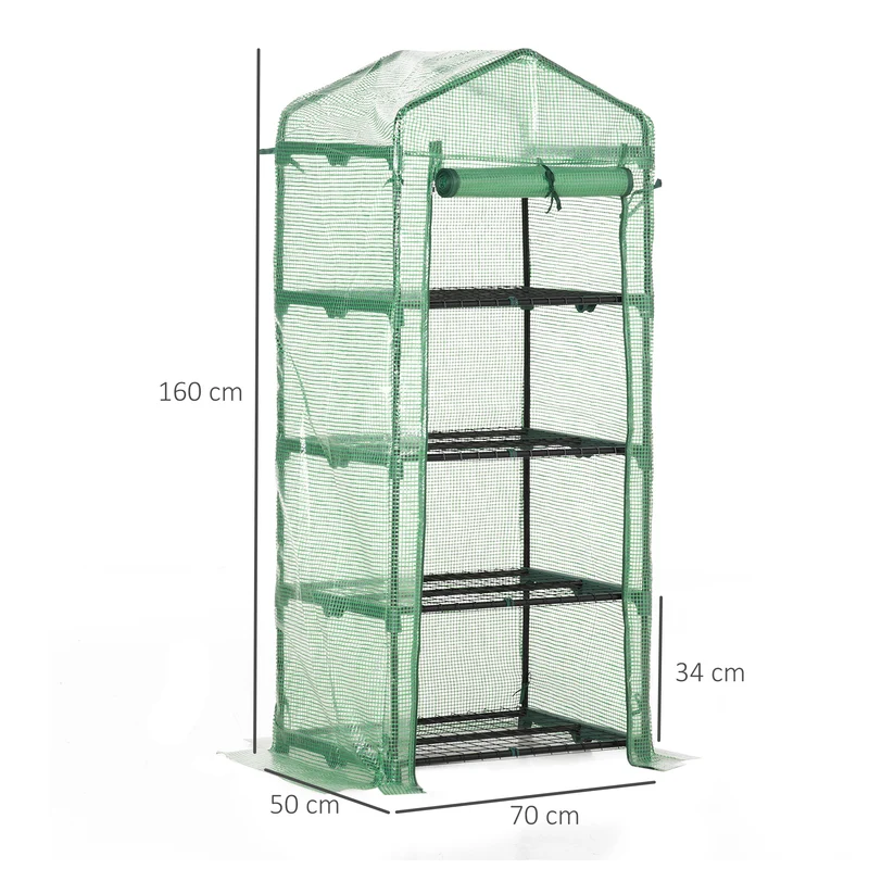 Outsunny Invernadero de Jardín con 4 Estantes y Cubierta de PE Tipo Caseta de Tubo Acero Vivero Casero para Cultivo de Plantas Flores Macetas 70x50x160 cm Verde