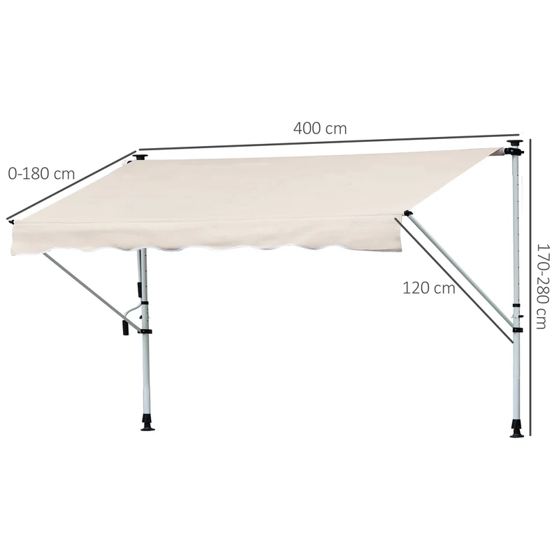 Outsunny Toldo Manual Retráctil 4x1,2 m Toldo Exterior Terraza Enrollable Altura Ajustable con Manivela 170-280 cm Sin Taladro para Balcón Jardín Beige