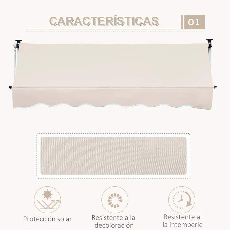Outsunny Toldo Manual Retráctil 4x1,2 m Toldo Exterior Terraza Enrollable Altura Ajustable con Manivela 170-280 cm Sin Taladro para Balcón Jardín Beige