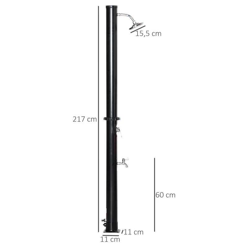 Outsunny Ducha Solar de 20 Litros para Exterior Ducha de Piscina con Cabezal de Ducha Grifo y Regulador de Agua Caliente Máx. 60℃ Conexión de Manguera de Jardín para Patio Playa Ø11x217 cm Negro