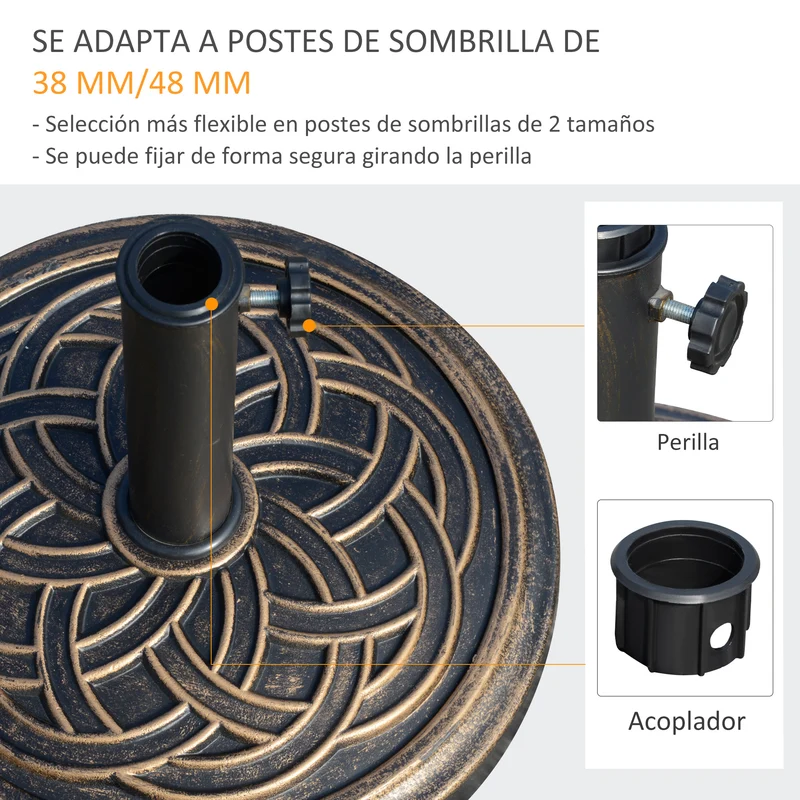 Outsunny Base de Sombrilla de Jardín Peso Neto 12 kg Soporte de Parasol Redondo Apto para Postes de 38mm/48mm Resina y Acero para Terraza Patio Exterior Ø45x33 cm Bronce