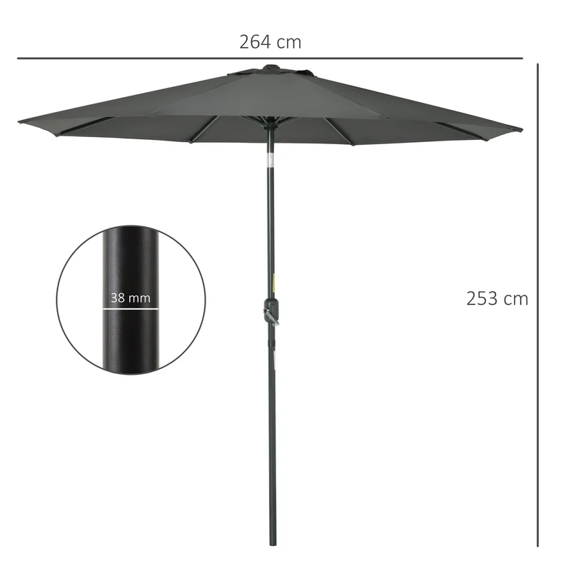 Outsunny Sombrilla de Jardín Øde Aluminio 264x253 cm Parasol de Jardín con Ángulo Ajustable Protección UV 50+ Manivela para Terraza Balcón Exterior Gris