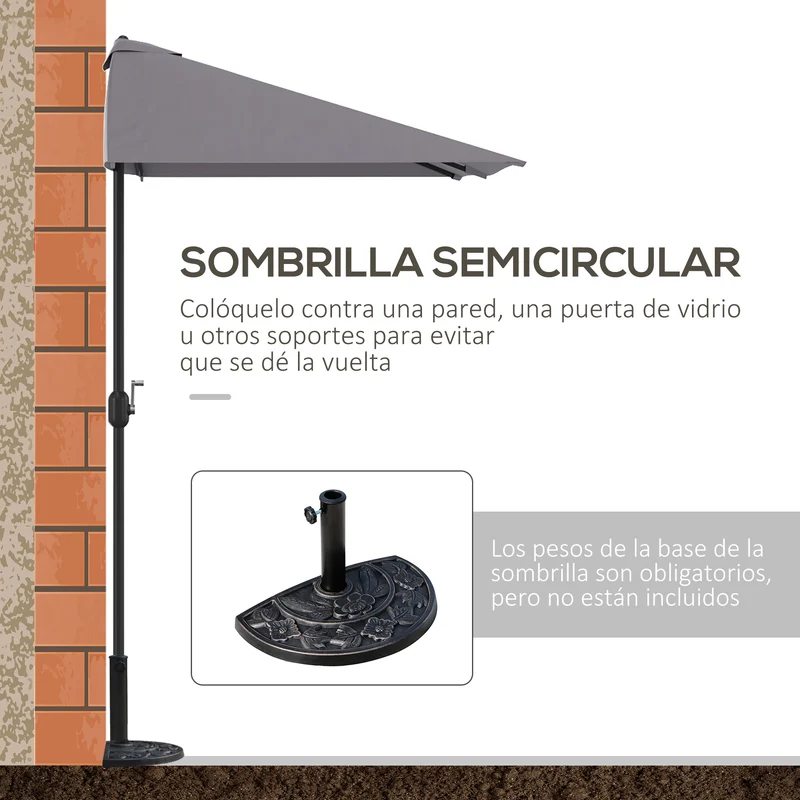 Outsunny Sombrilla Rectangular 230x130x245 cm Parasol para Pared Media Sombrilla con Manivela Protección UV 30+ Impermeable Sombrilla para Balcón Terraza Jardín Gris