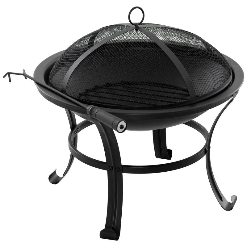 Outsunny Brasero Exterior de Metal Ø56 cm Cuenco de Fuego de Jardín con Tapa Protectora contra Chispas y Atizador para Hogueras Leñas Terraza Camping Fiestas Negro
