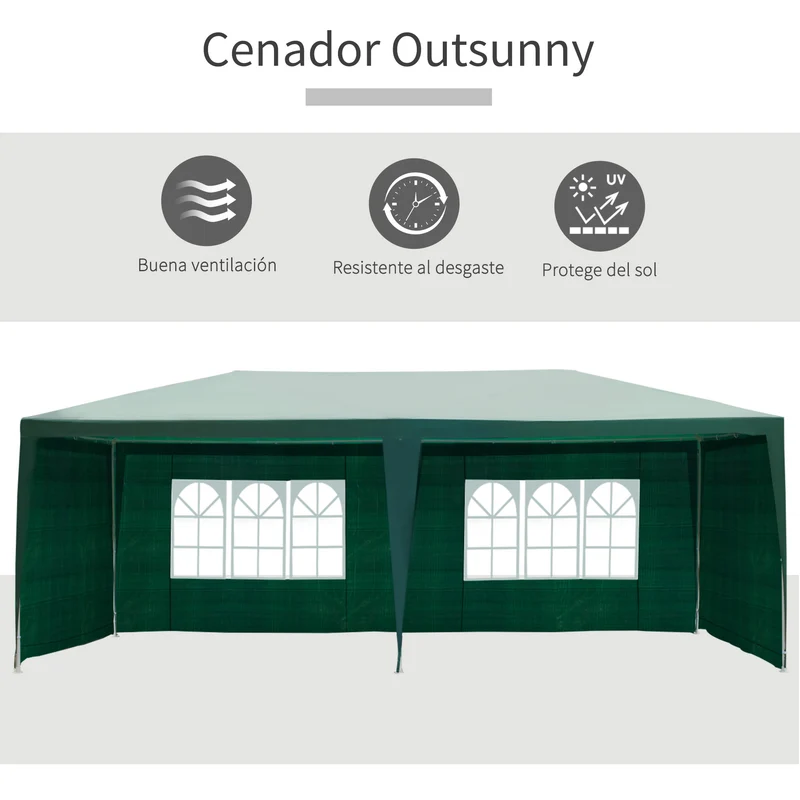 Outsunny Carpa de Jardín 6x3x2,5 m con 4 Paredes Laterales y 2 Ventanas Cenador Gazebo de Exterior Marco de Acero para Fiestas Eventos Bodas Verde