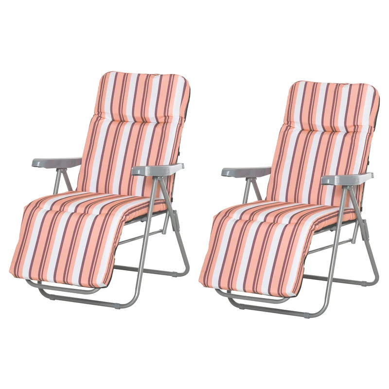 Outsunny Conjunto de 2 Tumbonas Plegables Tumbonas de Jardín de Acero con Cojín Acolchado Respaldo Regulable en 5 Posiciones y Reposapiés 60x75x65-102 cm Rayas Naranja