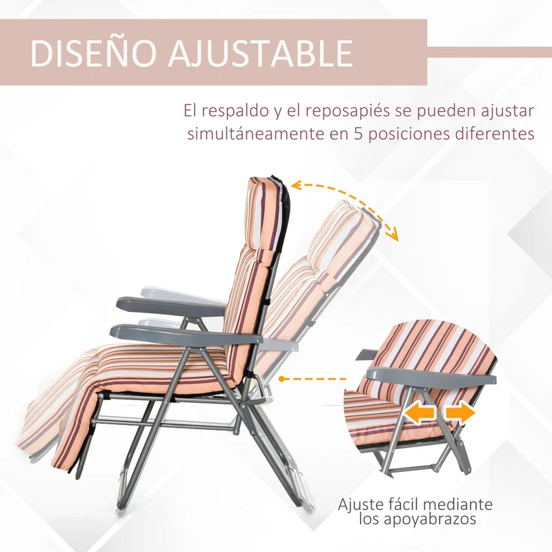 Outsunny Conjunto de 2 Tumbonas Plegables Tumbonas de Jardín de Acero con Cojín Acolchado Respaldo Regulable en 5 Posiciones y Reposapiés 60x75x65-102 cm Rayas Naranja