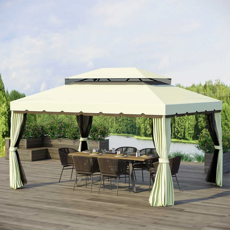 Outsunny Cenador para Jardín de Aluminio 4x3 m Pérgola de Jardín Gazebo con Doble Techo de Ventilación Paredes Laterales Anti-UV Mosquiteras Carpa para Exterior Terraza Patio Crema