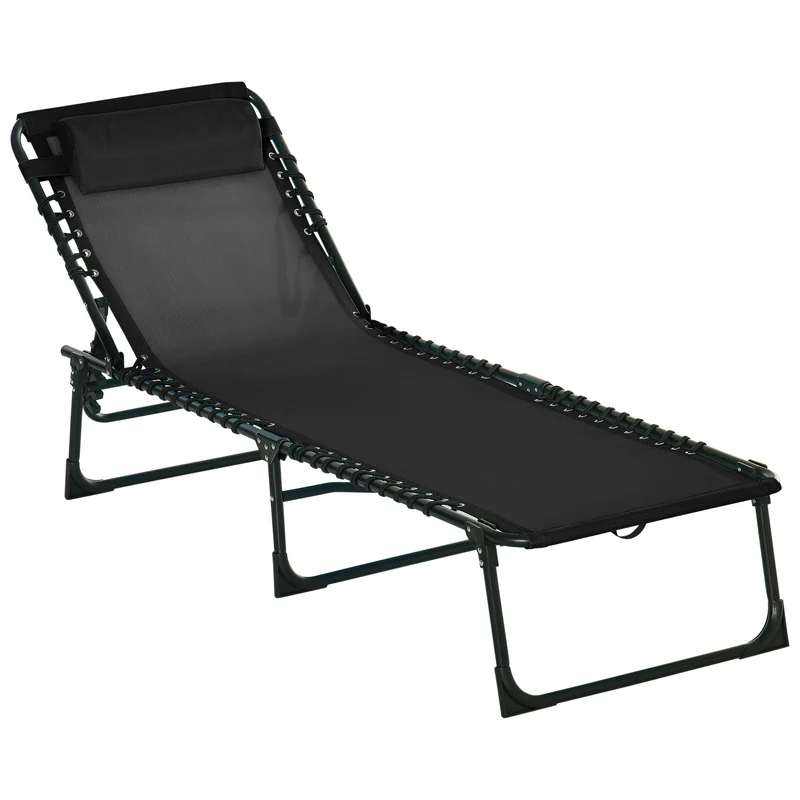 Outsunny Tumbona Plegable y Ajustable de 4 Posiciones Silla Reclinable de Jardín con Sistema de Cordones para Exterior Marco Acero 189x58x30 cm Negro
