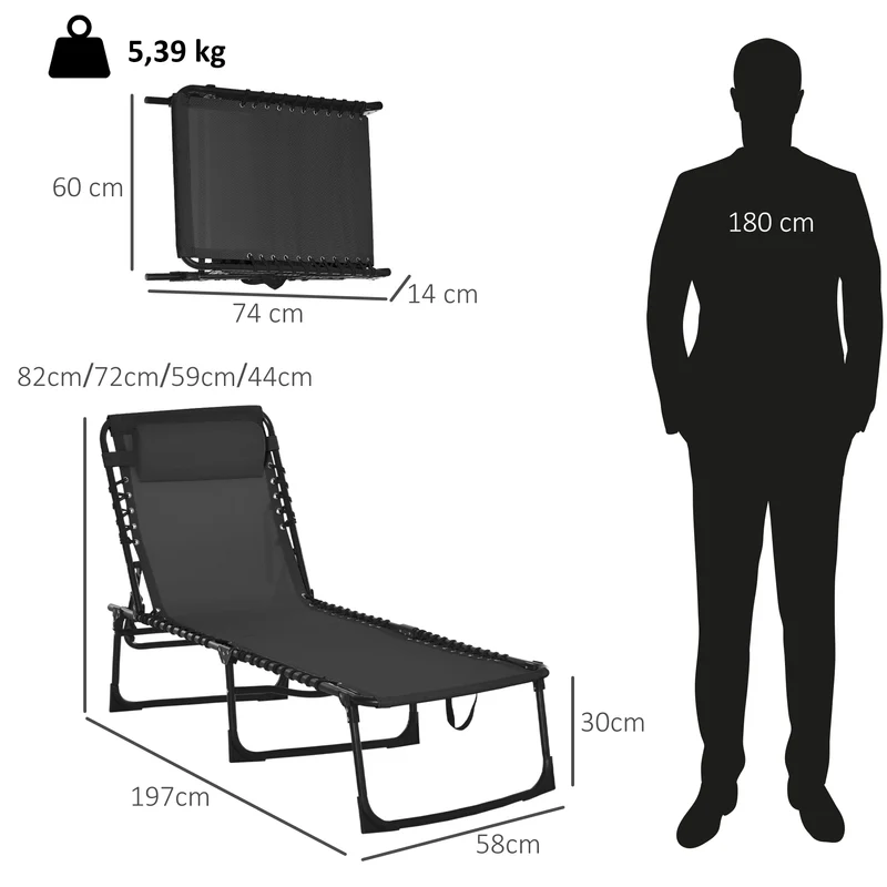 Outsunny Tumbona Plegable y Ajustable de 4 Posiciones Silla Reclinable de Jardín con Sistema de Cordones para Exterior Marco Acero 189x58x30 cm Negro