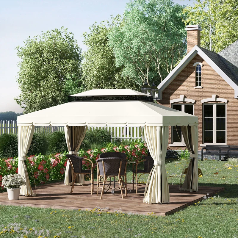 Outsunny Cenador de Jardín 4x3m Gazebo Exterior de Aluminio con Doble Techo 4 Cortinas Laterales 4 Mosquiteras con Cremallera y 10 Orificios de Drenaje para Fiestas Eventos Crema