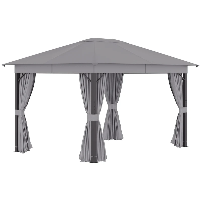 Outsunny Cenador de Jardín 4x3 m Pabellón con Techo de Ventilación 4 Cortinas Laterales con Puerta y 8 Orificio de Drenaje Gazebo de Aluminio para Exterior Patio Fiestas Gris