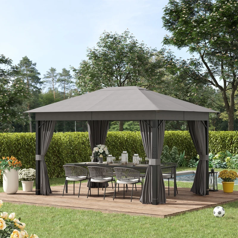 Outsunny Cenador de Jardín 4x3 m Pabellón con Techo de Ventilación 4 Cortinas Laterales con Puerta y 8 Orificio de Drenaje Gazebo de Aluminio para Exterior Patio Fiestas Gris