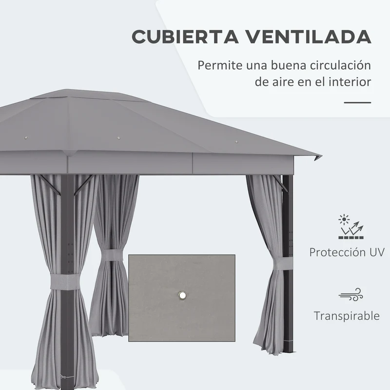 Outsunny Cenador de Jardín 4x3 m Pabellón con Techo de Ventilación 4 Cortinas Laterales con Puerta y 8 Orificio de Drenaje Gazebo de Aluminio para Exterior Patio Fiestas Gris