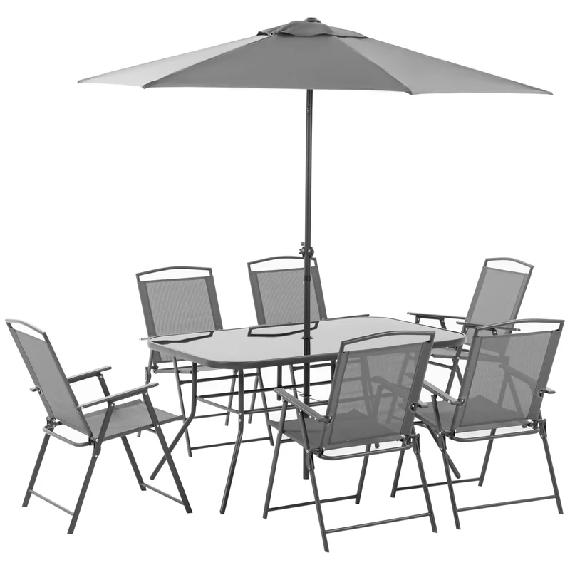 Outsunny Conjunto de Muebles de Jardín 8 Piezas con 6 Sillas Plegables Mesa de Comedor de Vidrio y Sombrilla Inclinable con Manivela Protección del Sol para Terraza Exterior Gris