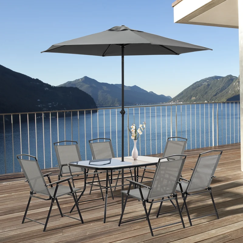 Outsunny Conjunto de Muebles de Jardín 8 Piezas con 6 Sillas Plegables Mesa de Comedor de Vidrio y Sombrilla Inclinable con Manivela Protección del Sol para Terraza Exterior Gris