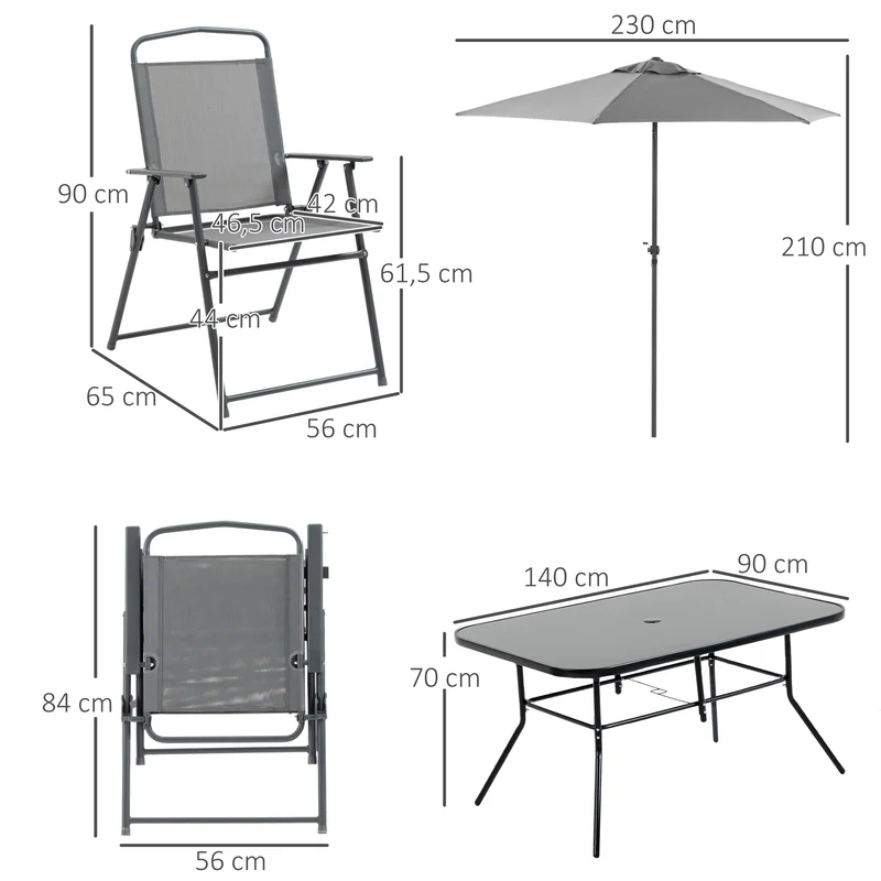 Outsunny Conjunto de Muebles de Jardín 8 Piezas con 6 Sillas Plegables Mesa de Comedor de Vidrio y Sombrilla Inclinable con Manivela Protección del Sol para Terraza Exterior Gris