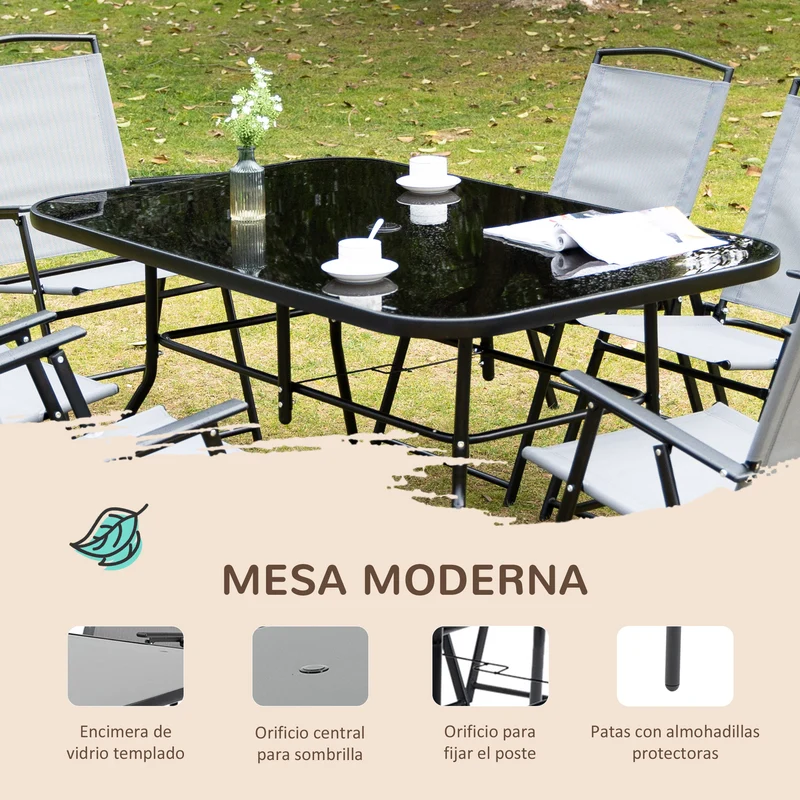Outsunny Conjunto de Muebles de Jardín 8 Piezas con 6 Sillas Plegables Mesa de Comedor de Vidrio y Sombrilla Inclinable con Manivela Protección del Sol para Terraza Exterior Gris