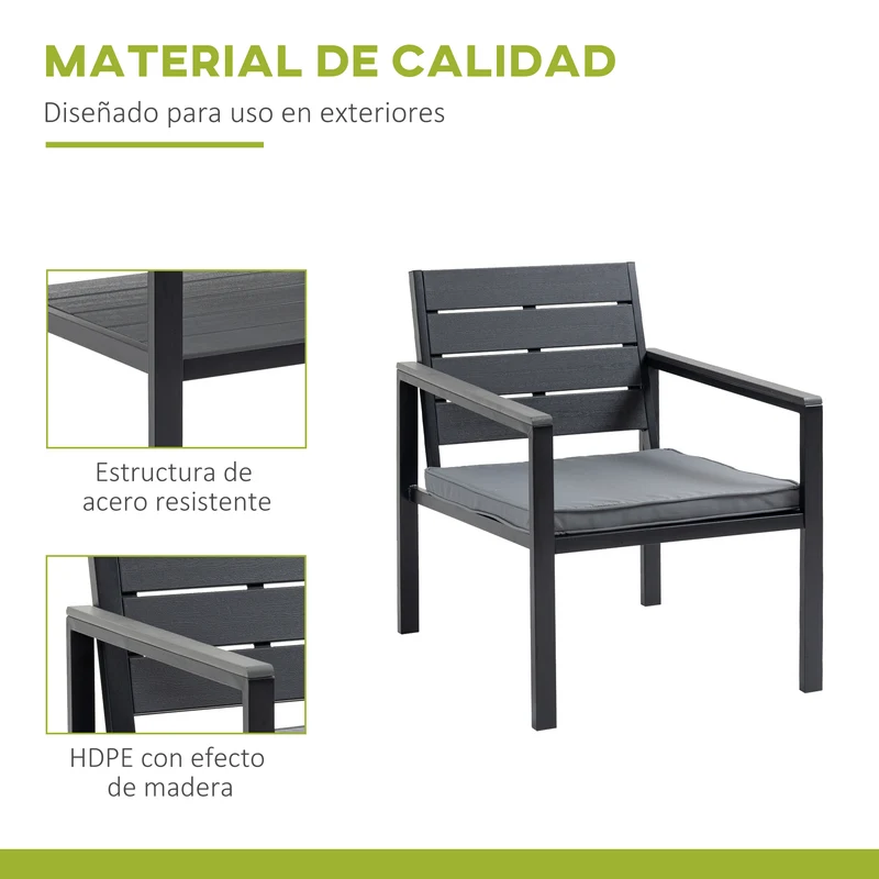 Outsunny Conjunto de Muebles de Jardín 4 Piezas Mesa de Centro Banco de 2 Plazas y 2 Sillas con Cojines Desenfundables y Marco de Metal HDPE para Terraza Exterior 113x65x78 cm Gris