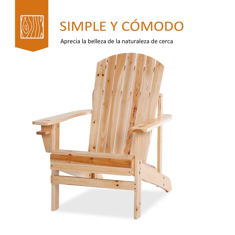 Outsunny Silla Adirondack de Madera Silla de Jardín con Reposabrazos y Respaldo Alto para Terraza Balcón Exterior 72,5x97x93 cm Natural