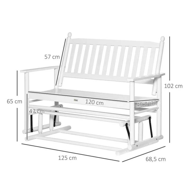 Outsunny Banco Mecedora de Jardín de 2 Plazas Banco Balancín de Madera con Reposabrazos y Respaldo de Listones para Terraza Exterior Carga 250 kg 125x68,5x102 cm Blanco