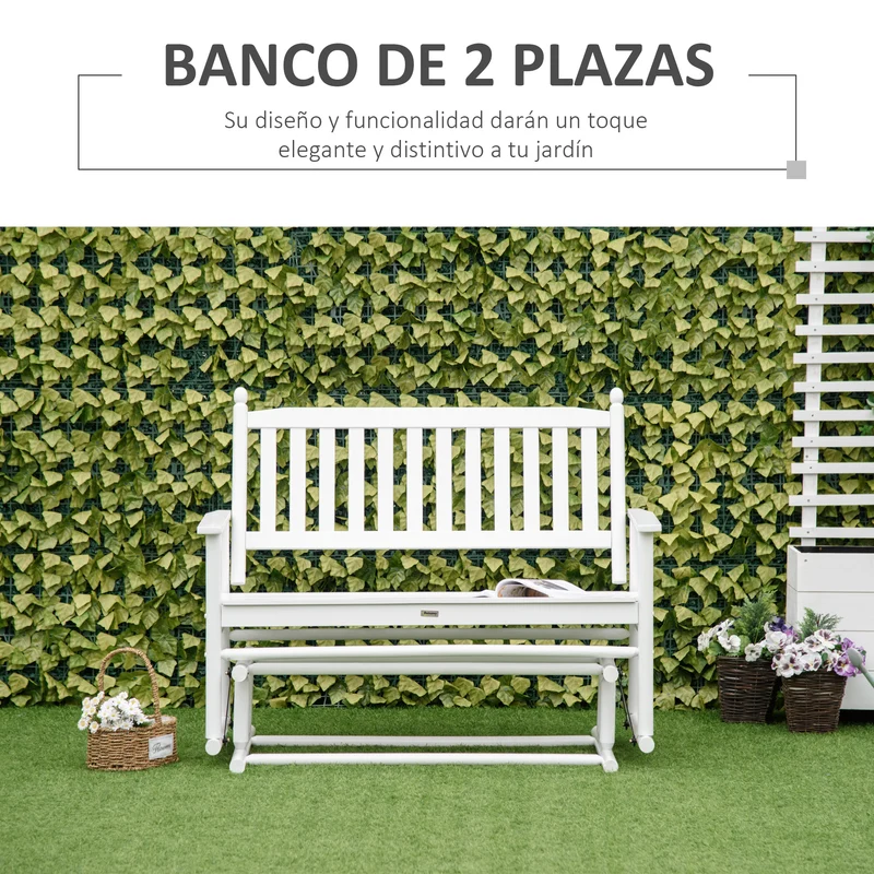 Outsunny Banco Mecedora de Jardín de 2 Plazas Banco Balancín de Madera con Reposabrazos y Respaldo de Listones para Terraza Exterior Carga 250 kg 125x68,5x102 cm Blanco