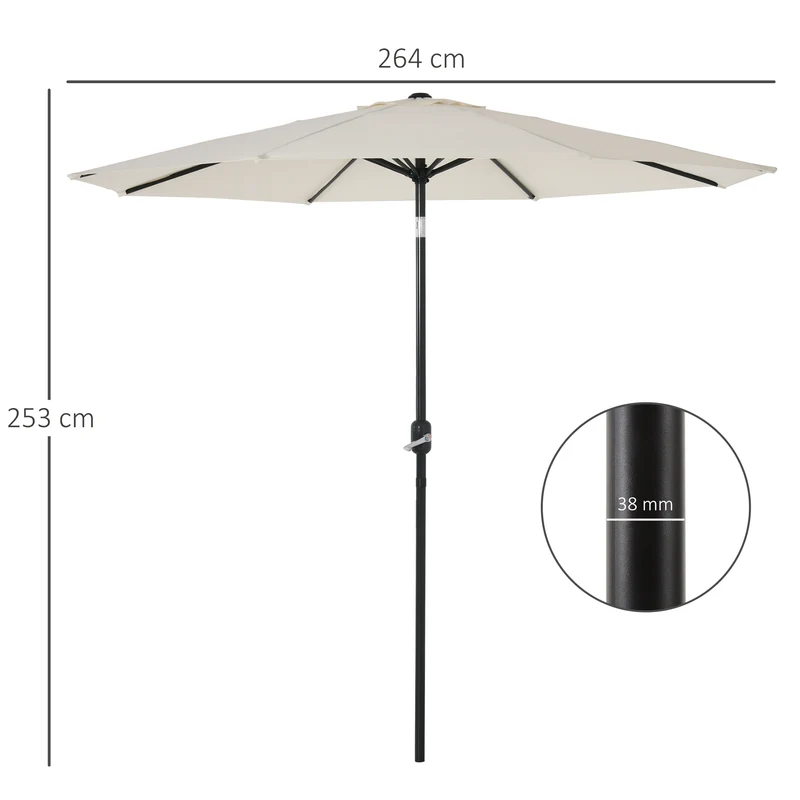 Outsunny Sombrilla de Jardín de Aluminio Ø264x253 cm Parasol de Jardín con Ángulo Ajustable Protección UV 50+ Manivela para Terraza Balcón Exterior Beige