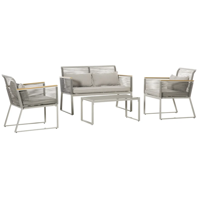 Outsunny Conjunto de Muebles de Jardín de Ratán 4 Piezas Sofá Doble 2 Sillones Individuales y Mesa de Café de Vidrio con Cojines Desenfundables para Exterior Terraza Gris
