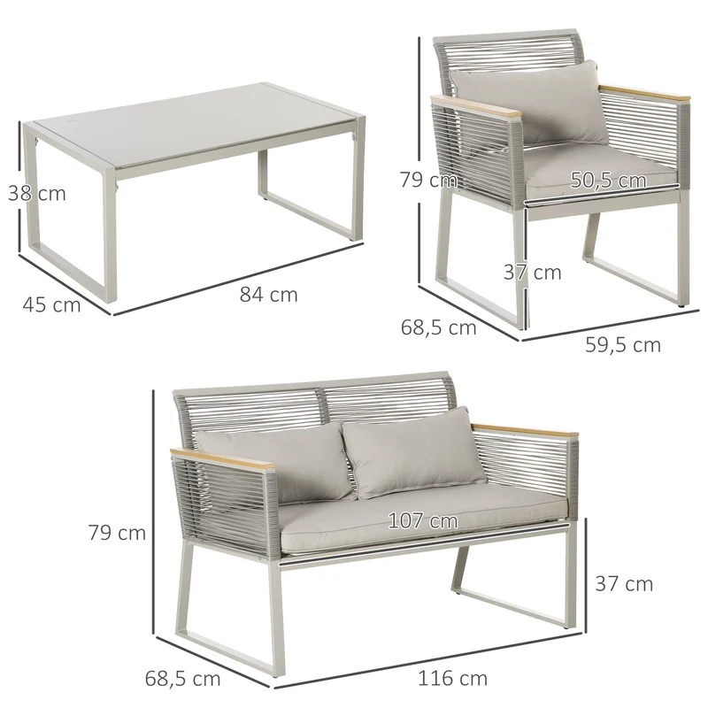 Outsunny Conjunto de Muebles de Jardín de Ratán 4 Piezas Sofá Doble 2 Sillones Individuales y Mesa de Café de Vidrio con Cojines Desenfundables para Exterior Terraza Gris