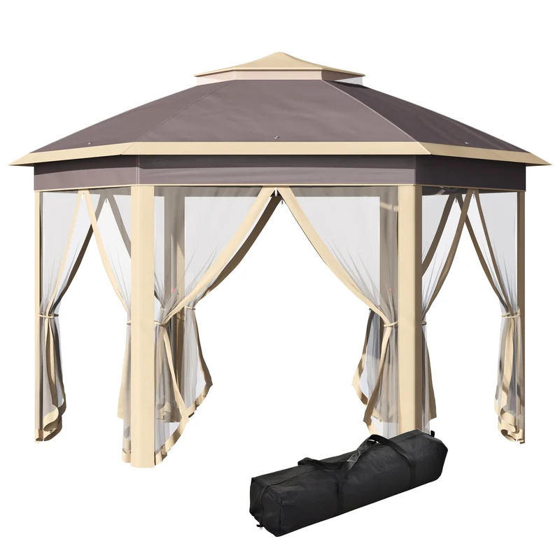 Outsunny Carpa Plegable 4x3,4x2,85 m Altura Ajustable Cenador de Jardín Hexagonal con Doble Techo Mosquiteras Extraíbles y Bolsa de Transporte Impermeable Gazebo para Exterior Fiestas Beige