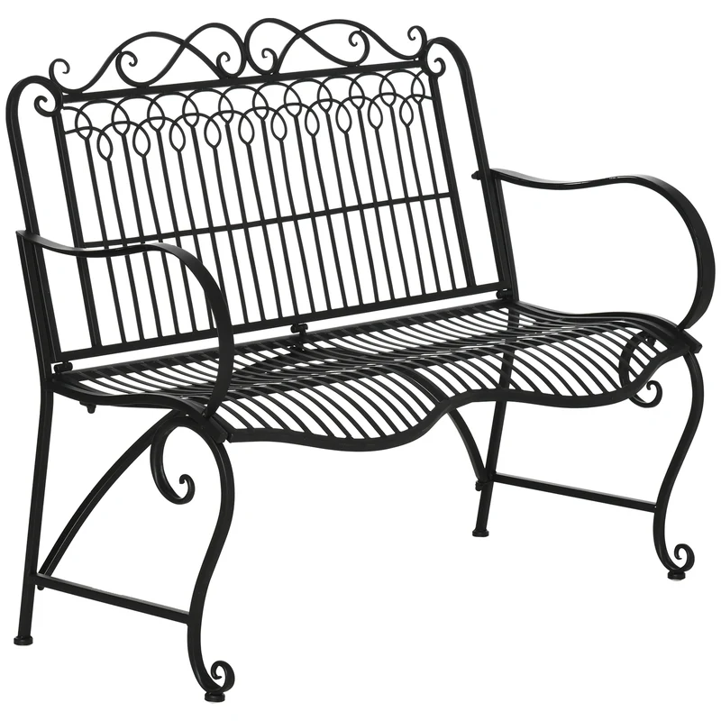 Outsunny Banco de Jardín de 2 Plazas 110x60x97 cm Banco de Exterior de Metal con Respaldo Decorativo y Reposabrazos para Terraza Balcón Patio Carga 200 kg Negro