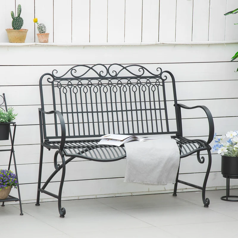 Outsunny Banco de Jardín de 2 Plazas 110x60x97 cm Banco de Exterior de Metal con Respaldo Decorativo y Reposabrazos para Terraza Balcón Patio Carga 200 kg Negro