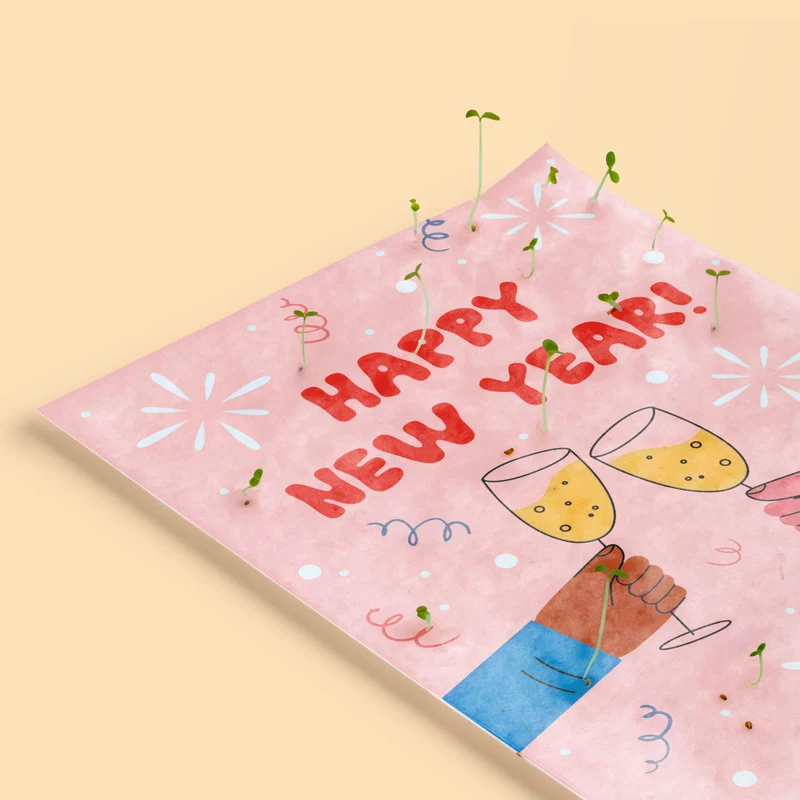 Postal Plantable Happy New Year – Papel De Algodón Reciclado Con Semillas De Flores - Resetea