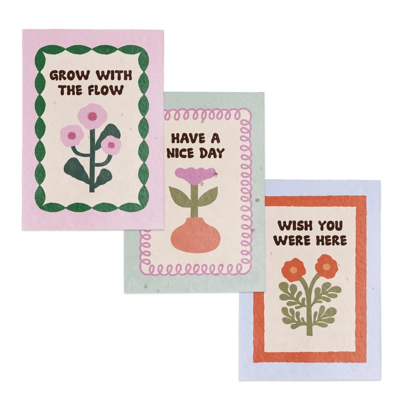 Pack 3 Postales Plantables – Grow With The Flow, Have A Nice Day Y Wish You Were Here - Resetea