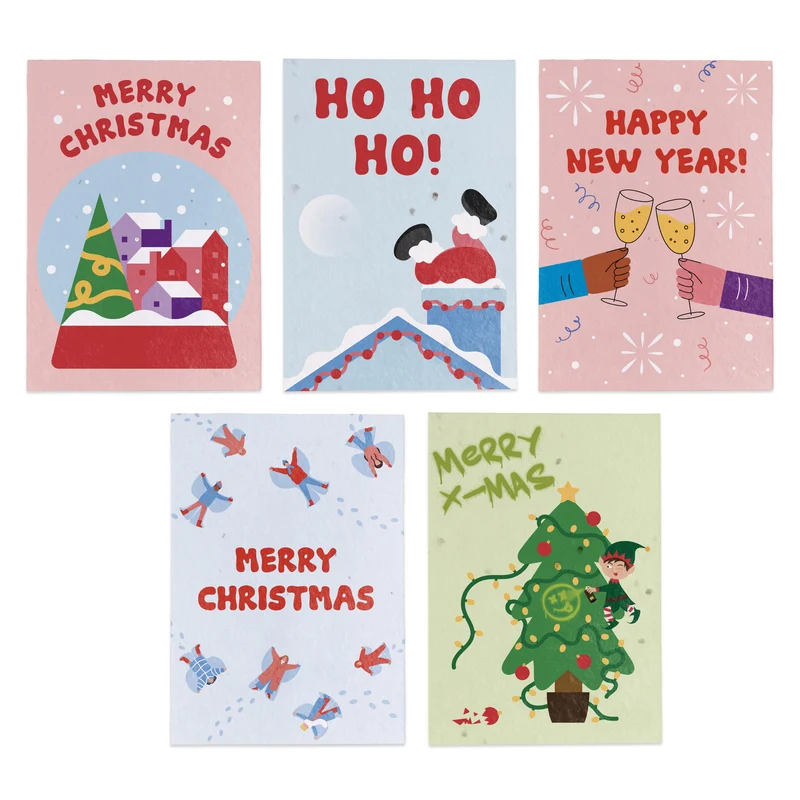 Postales Plantables Navidad Pack 5 Diseños – Snow Globe, Ho Ho Ho, Happy New Year, Snow Angels Y Elf - Resetea