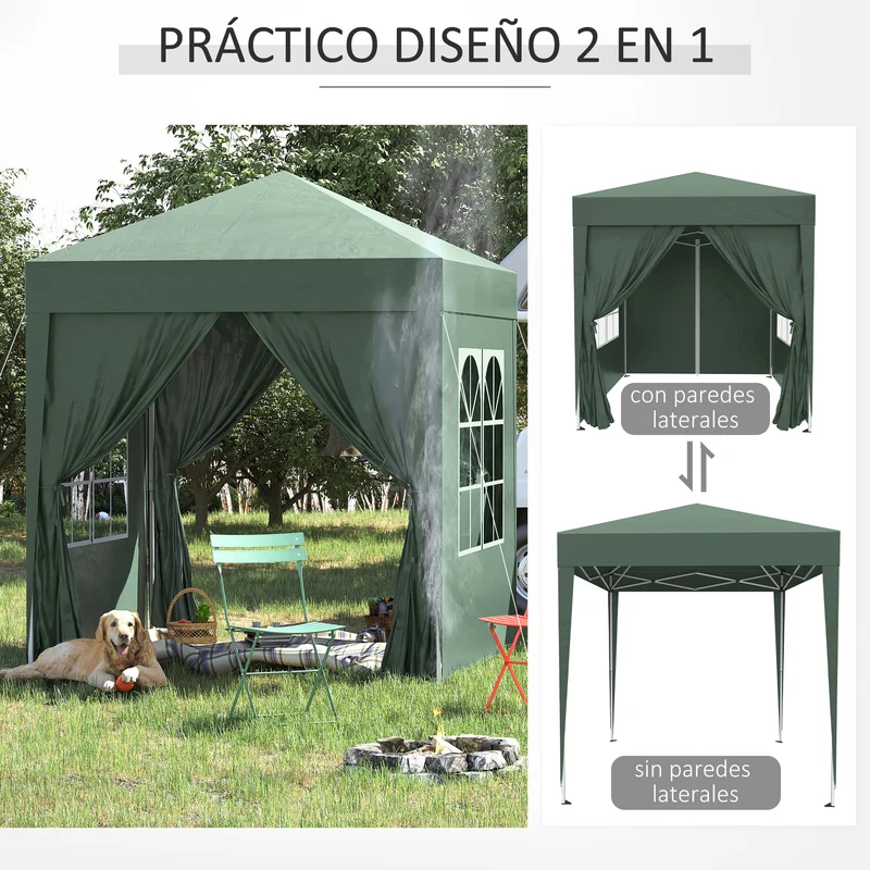 Outsunny Carpa Plegable Pop-up Gazebo 2x2 m Cenador Plegable con 4 Paredes Laterales Anti-UV y Bolsa de Transporte para Camping Fiestas Verde