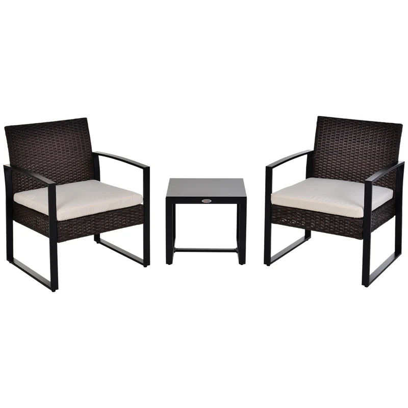 Outsunny Conjunto de Mesa y Sillas de Jardín para Exterior Juego de 3 Piezas Sillas y Mesa de Ratán Incluye 2 Sillones y 1 Mesa de Centro de Vidrio Marrón