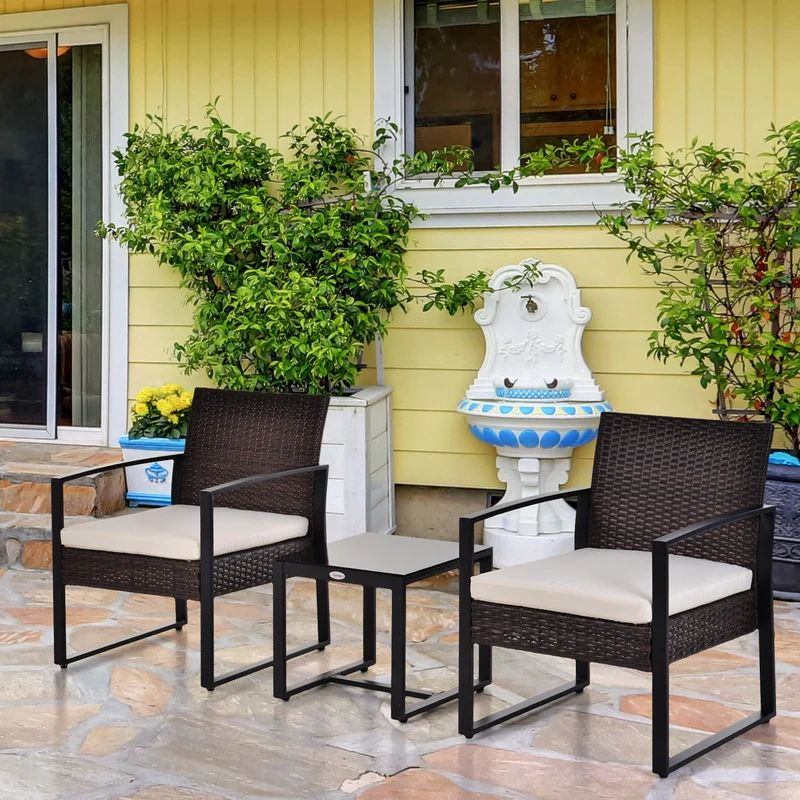 Outsunny Conjunto de Mesa y Sillas de Jardín para Exterior Juego de 3 Piezas Sillas y Mesa de Ratán Incluye 2 Sillones y 1 Mesa de Centro de Vidrio Marrón