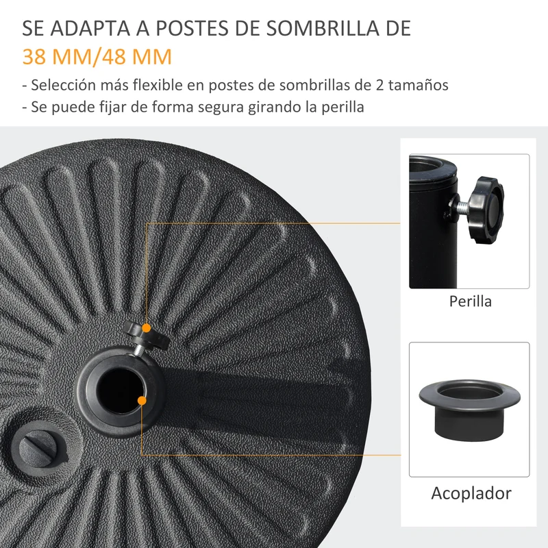 Outsunny Base de Sombrilla de Jardín Rellenable de Agua 22 kg Soporte de Parasol Redondo Apto para Postes de 38mm/48mm Portátil para Terraza Patio Ø51x30,5 cm Negro
