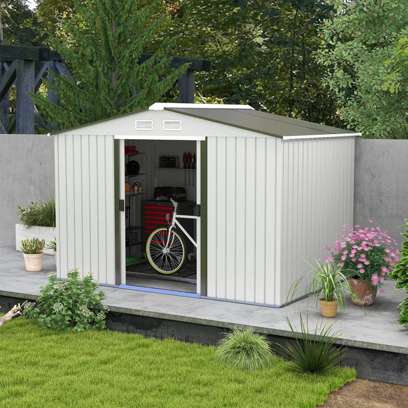 Outsunny Caseta De Jardín 277x195x192 Cm Con 2 Puertas Correderas Y 4 Ventanas