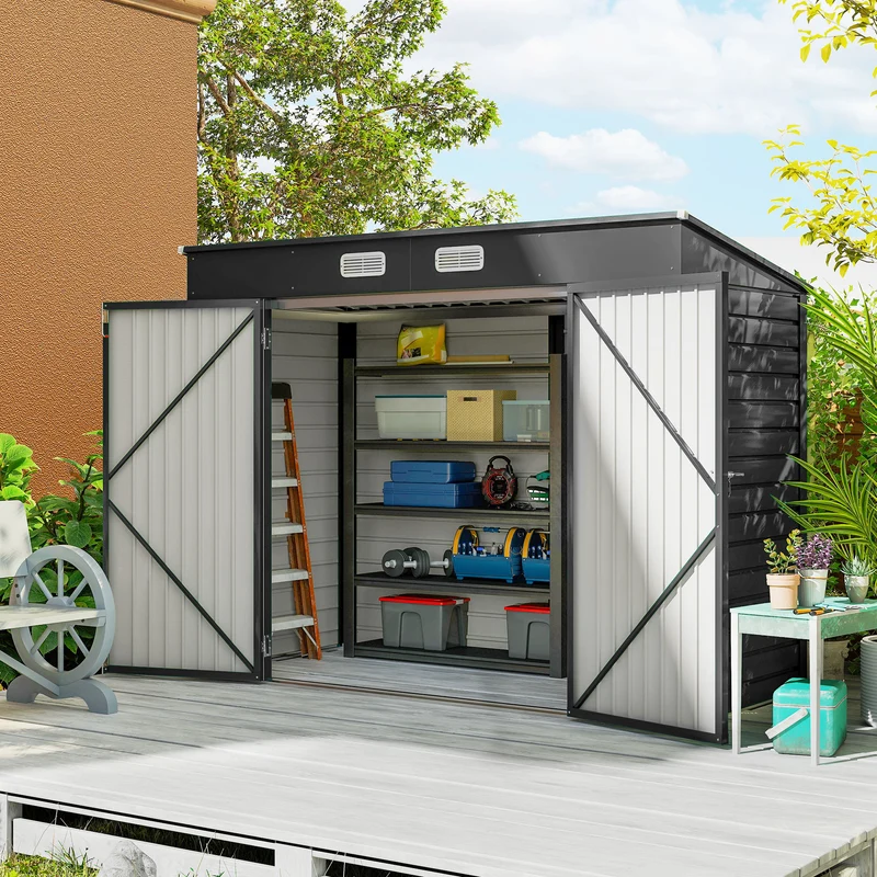 Outsunny Caseta De Jardín Exterior 2,7m² 249x121x183 Cm Con Doble Puerta Gris