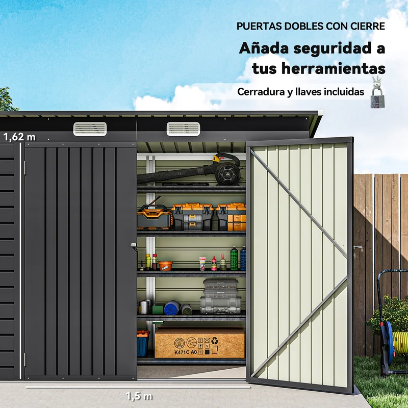 Outsunny Caseta De Jardín Exterior 2,7m² 249x121x183 Cm Con Doble Puerta Gris