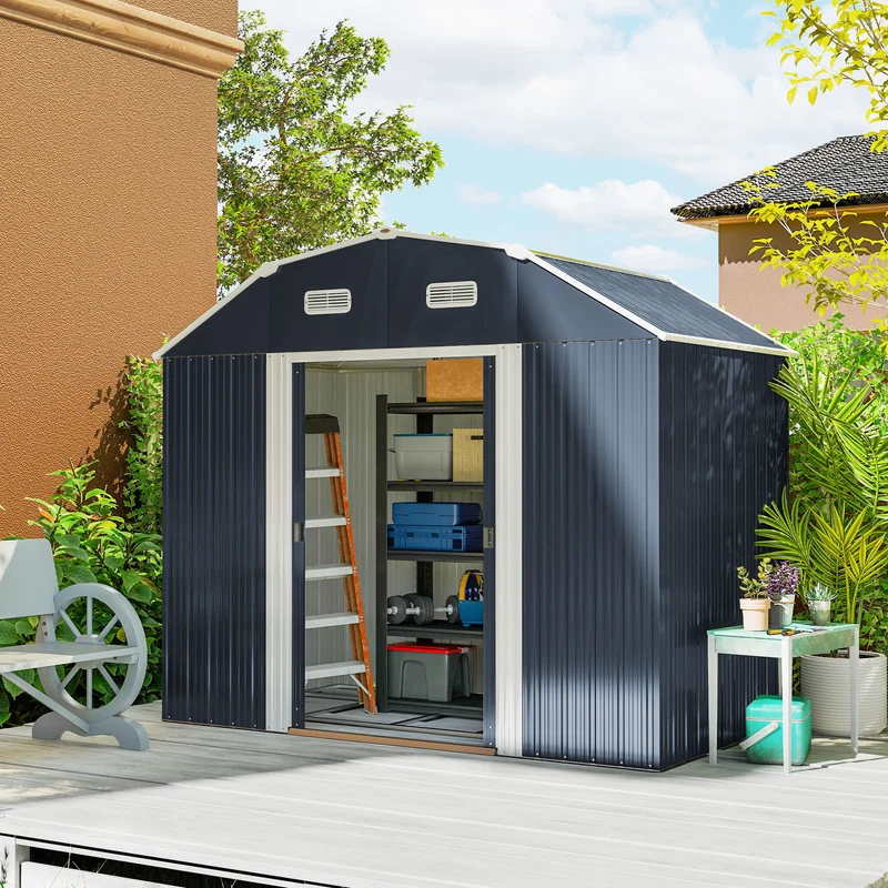 Outsunny Cobertizo De Jardín Exterior 2,7 M² 238x132x198,5 Cm Con Base Gris